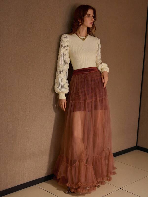 Blusa Feminina Tricotada Canelada com Mangas Rendada 3D - Coleção Romantic Knit Outono Inverno - Boutique do Encanto 