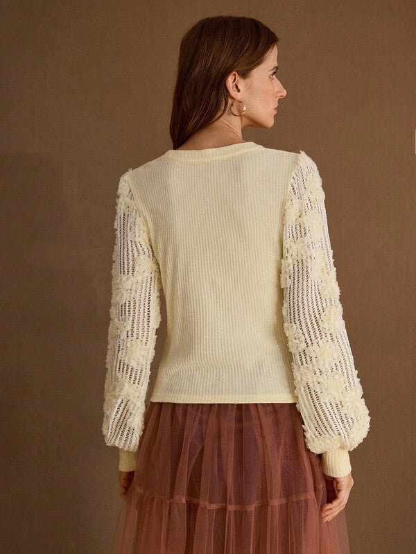 Blusa Feminina Tricotada Canelada com Mangas Rendada 3D - Coleção Romantic Knit Outono Inverno - Boutique do Encanto 