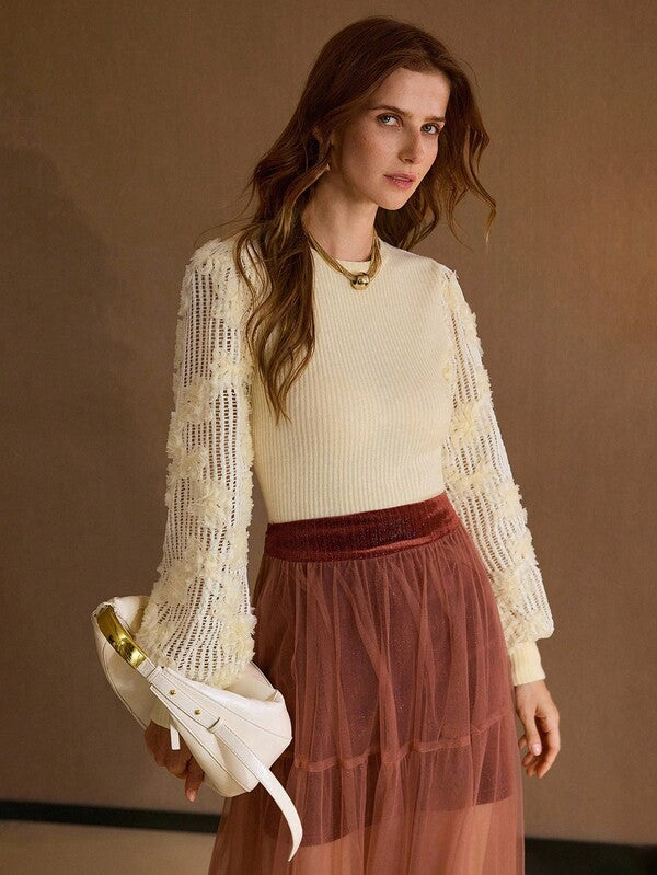 Blusa Feminina Tricotada Canelada com Mangas Rendada 3D - Coleção Romantic Knit Outono Inverno - Boutique do Encanto 