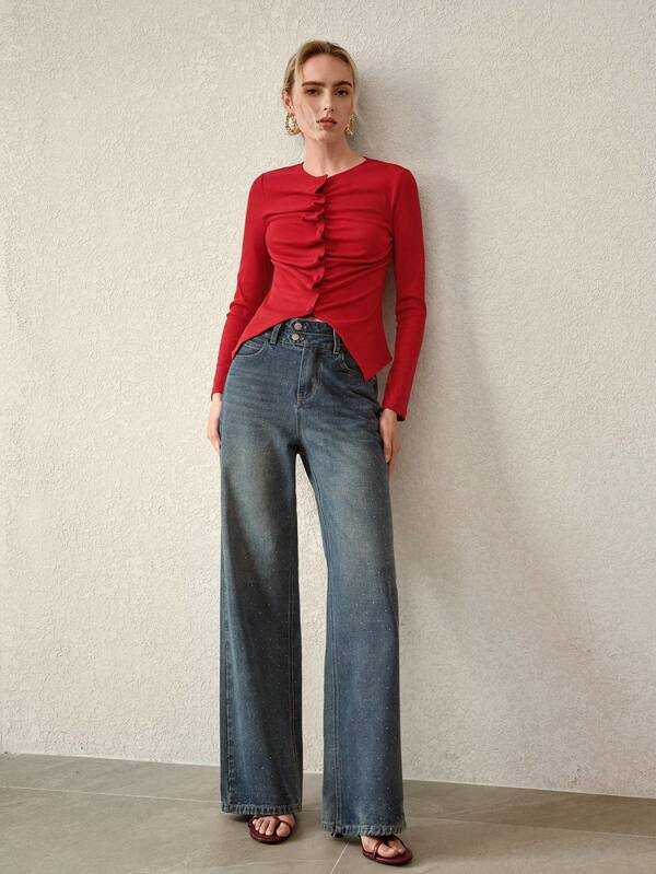 Blusa Feminina Vermelha Assimétrica em Malha Premium - Manga Longa, Drapeada com Botões, Slim Fit - Boutique do Encanto Blusas 