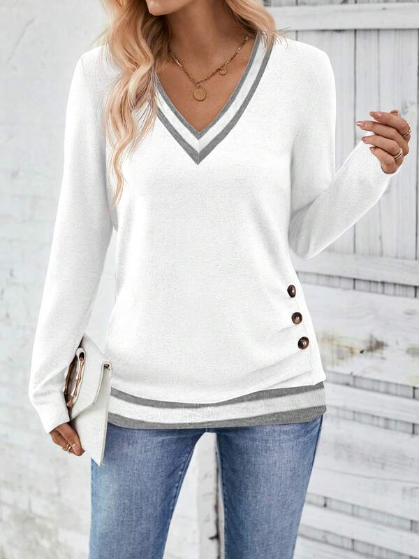 Blusa Feminina em Malha Premium Decote V Contrastante Manga Longa - Essenciais Urbanos
