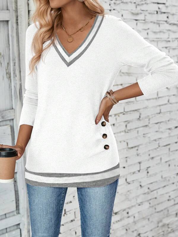 Blusa Feminina em Malha Premium Decote V Contrastante Manga Longa - Essenciais Urbanos