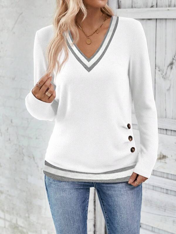 Blusa Feminina em Malha Premium Decote V Contrastante Manga Longa - Essenciais Urbanos