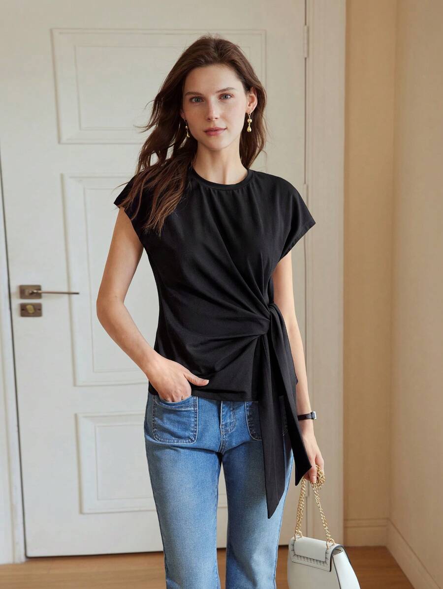 Blusa Preta feminina 94% algodão com detalhe assimétrico – Primavera Verão 2027