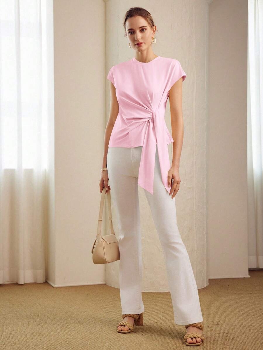 Blusa Rosa Pétala feminina 94% algodão com detalhe assimétrico – Primavera Verão 2027