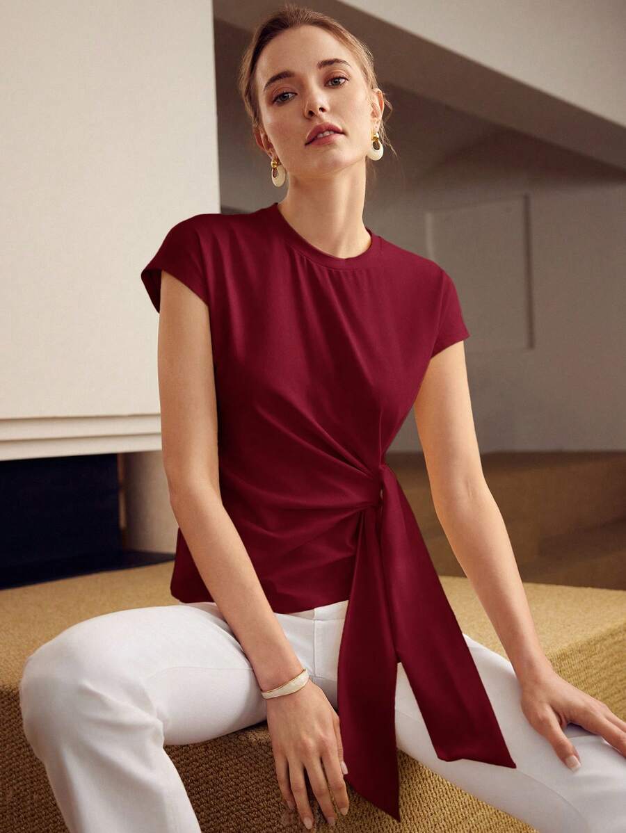 Blusa Vinho Bordô feminina com detalhe torcido na cintura
