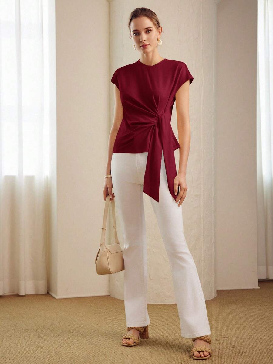 Blusa Vinho Bordô feminina com detalhe torcido na cintura