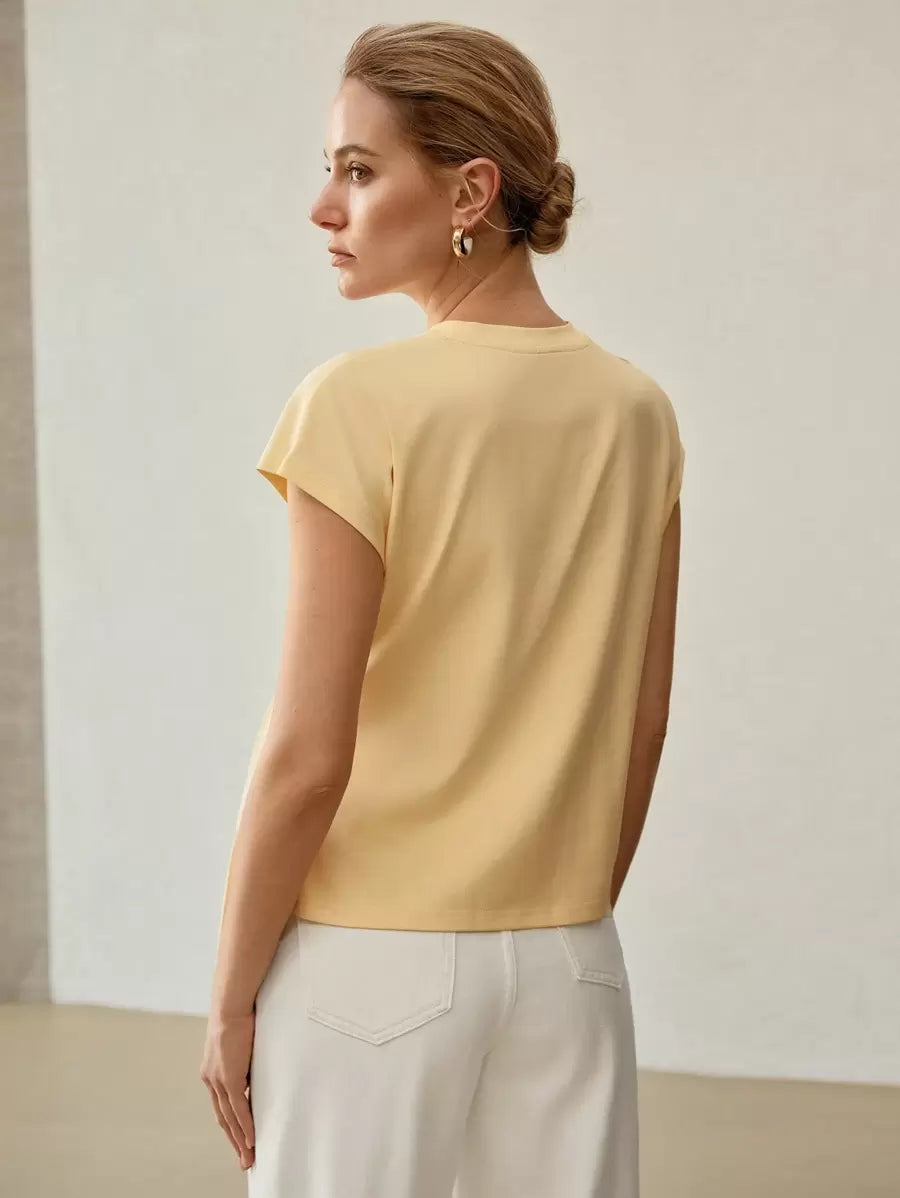 Blusa feminina Baunilha Dourada em algodão com torcido e faixa lateral – Boutique do Encanto