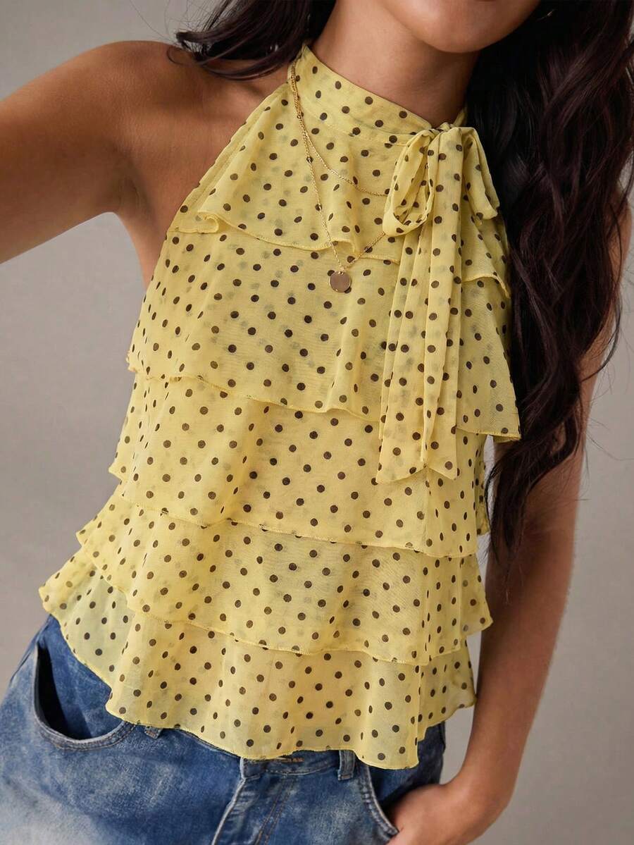Blusa feminina Baunilha com estampa poá e decote halter