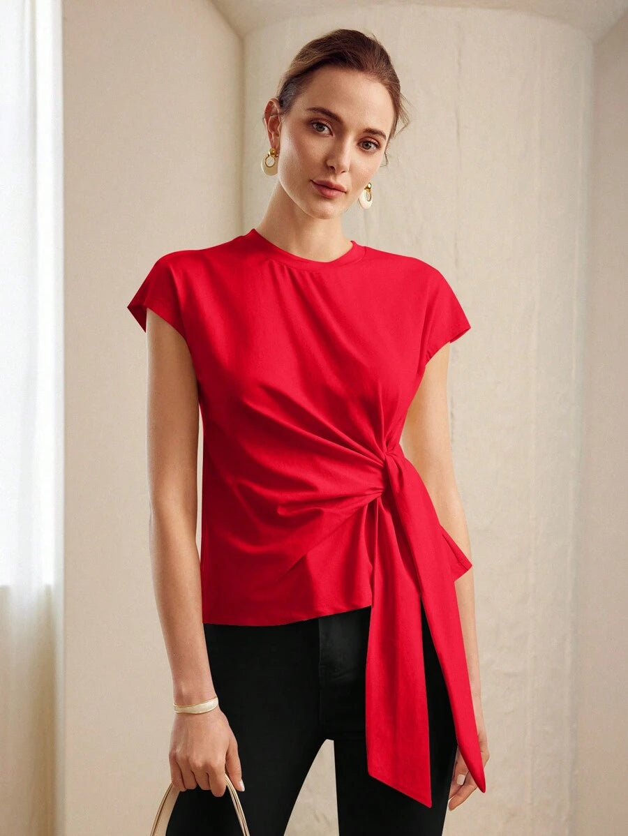Blusa feminina Vermelho Rubi com faixa lateral e manga curta