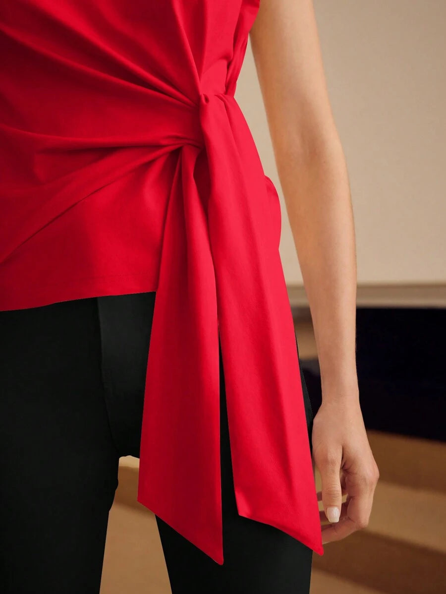 Blusa feminina Vermelho Rubi com faixa lateral e manga curta
