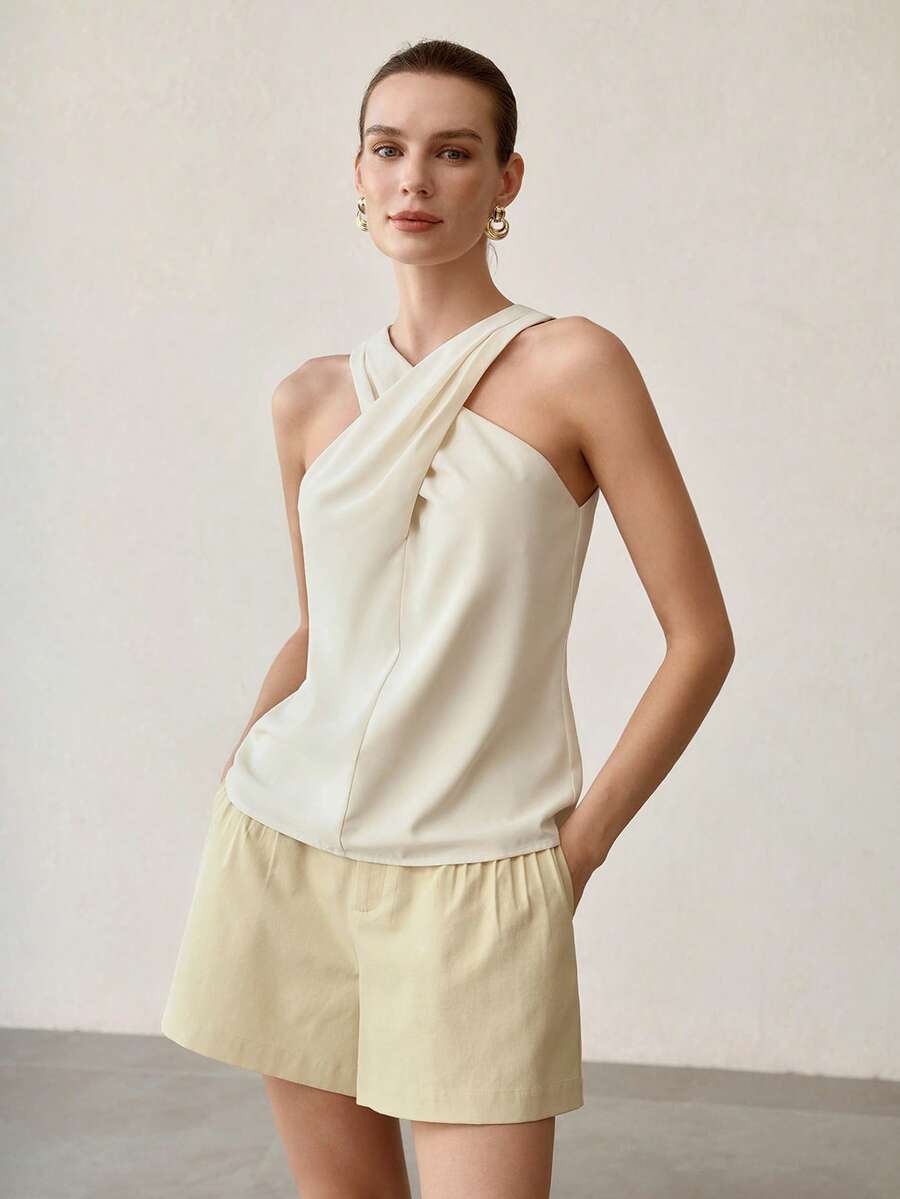 Blusa feminina halter assimétrica Damasco com decote cruzado – Boutique do Encanto