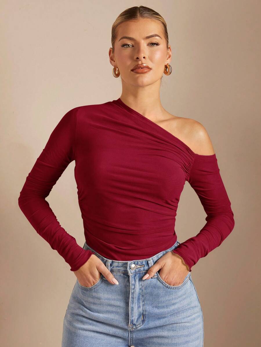 Blusa feminina marrom ombro único manga longa elegante