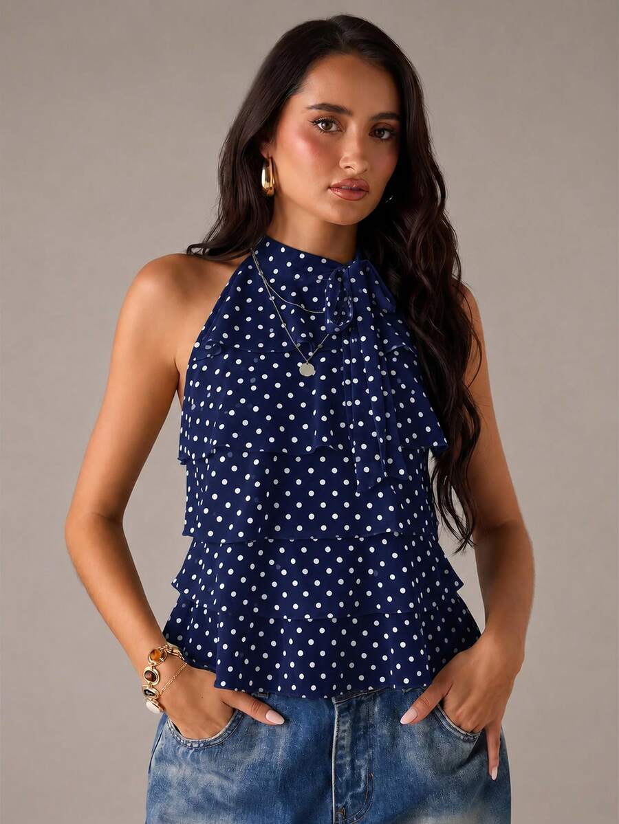 Blusa feminina poá Azul Marinho com babados e laço no decote