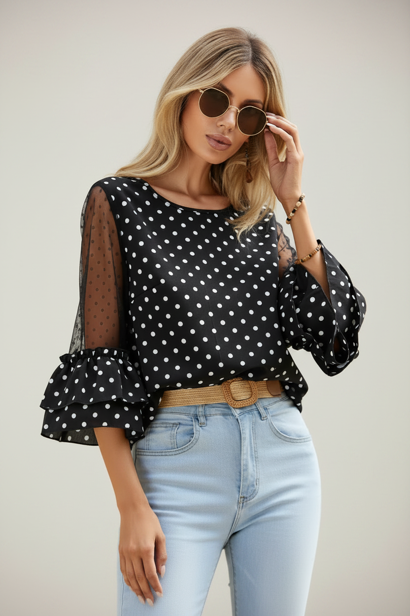 Blusa feminina preta com poá branco, mangas em tule e babados – Boutique do Encanto