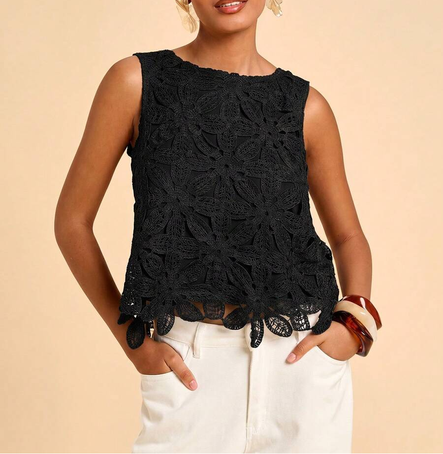 Blusa feminina sem mangas com renda guipir trabalhada