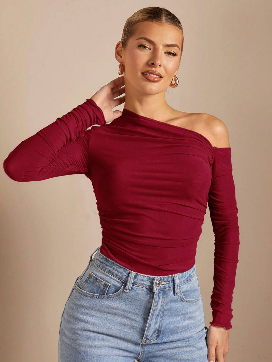 Blusa feminina vinho ombro único manga longa elegante