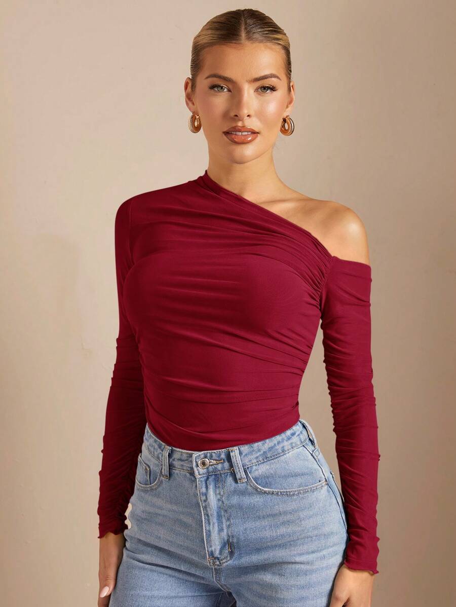 Blusa feminina vinho ombro único manga longa elegante