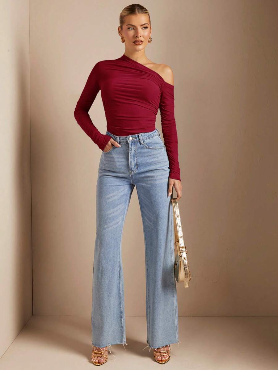 Blusa feminina vinho ombro único manga longa elegante