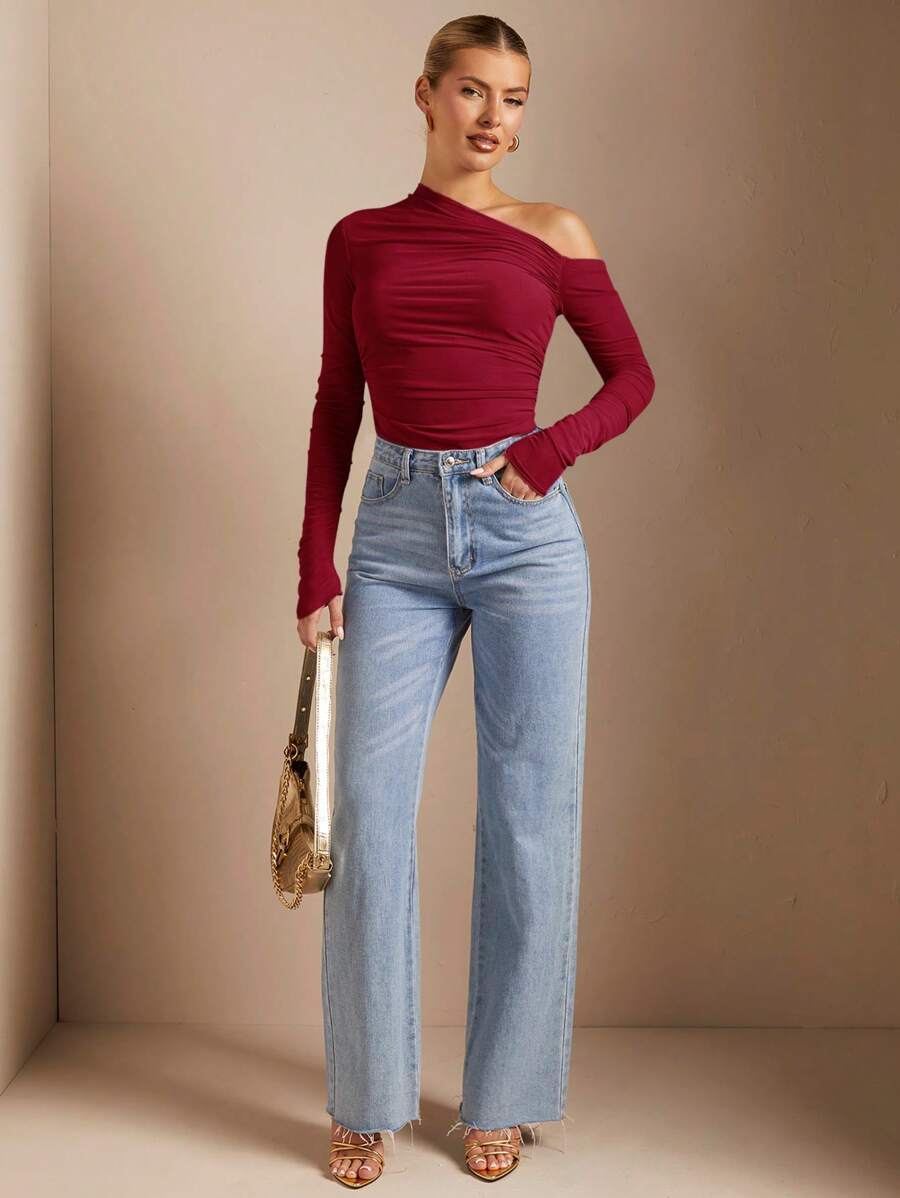 Blusa feminina vinho ombro único manga longa elegante