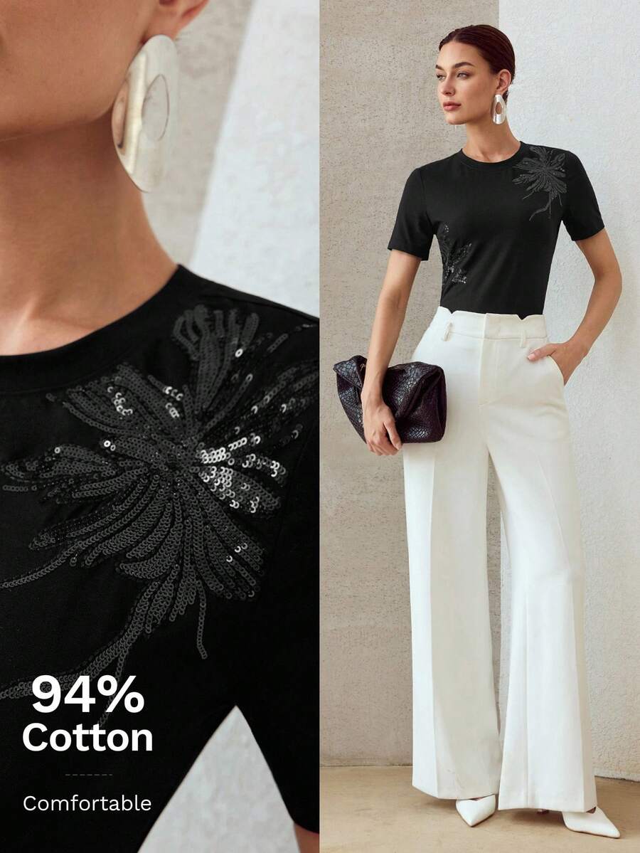 Blusa  preta com aplicação floral em paetês GG ao 4XG Boutique do Encanto 