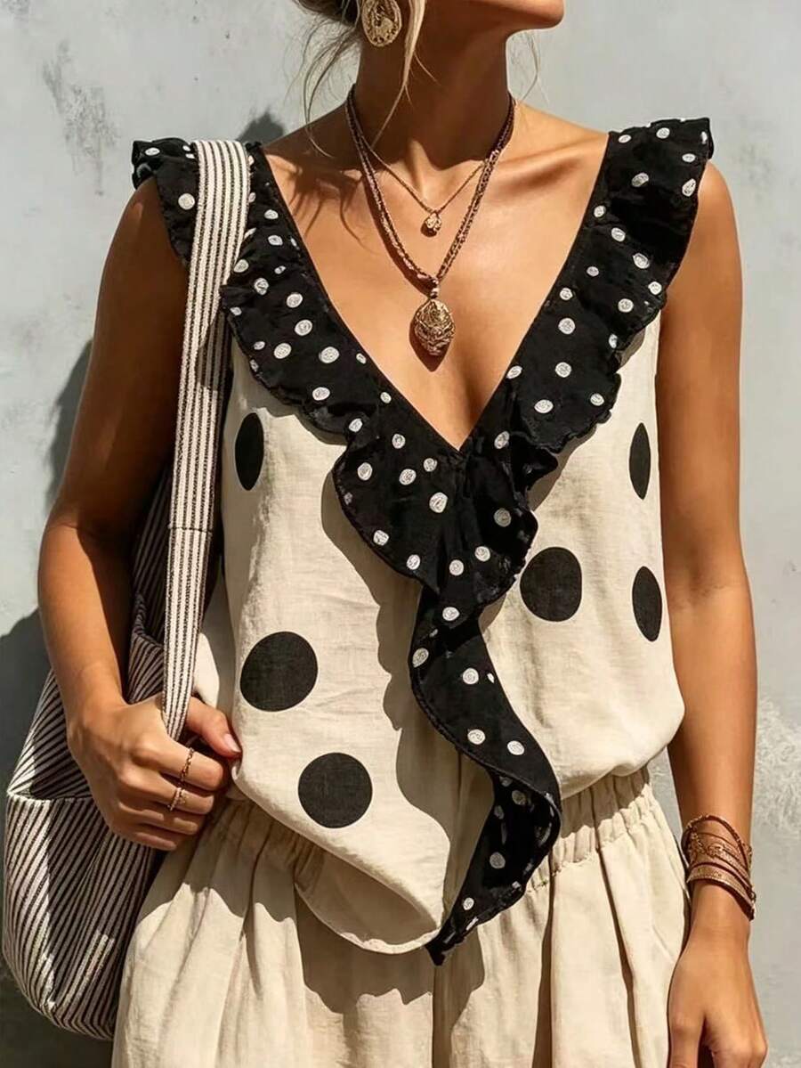 Blusa regata feminina poá Off White e preto com babados contrastantes - Tamanho PP ao GG - Boutique do Encanto 
