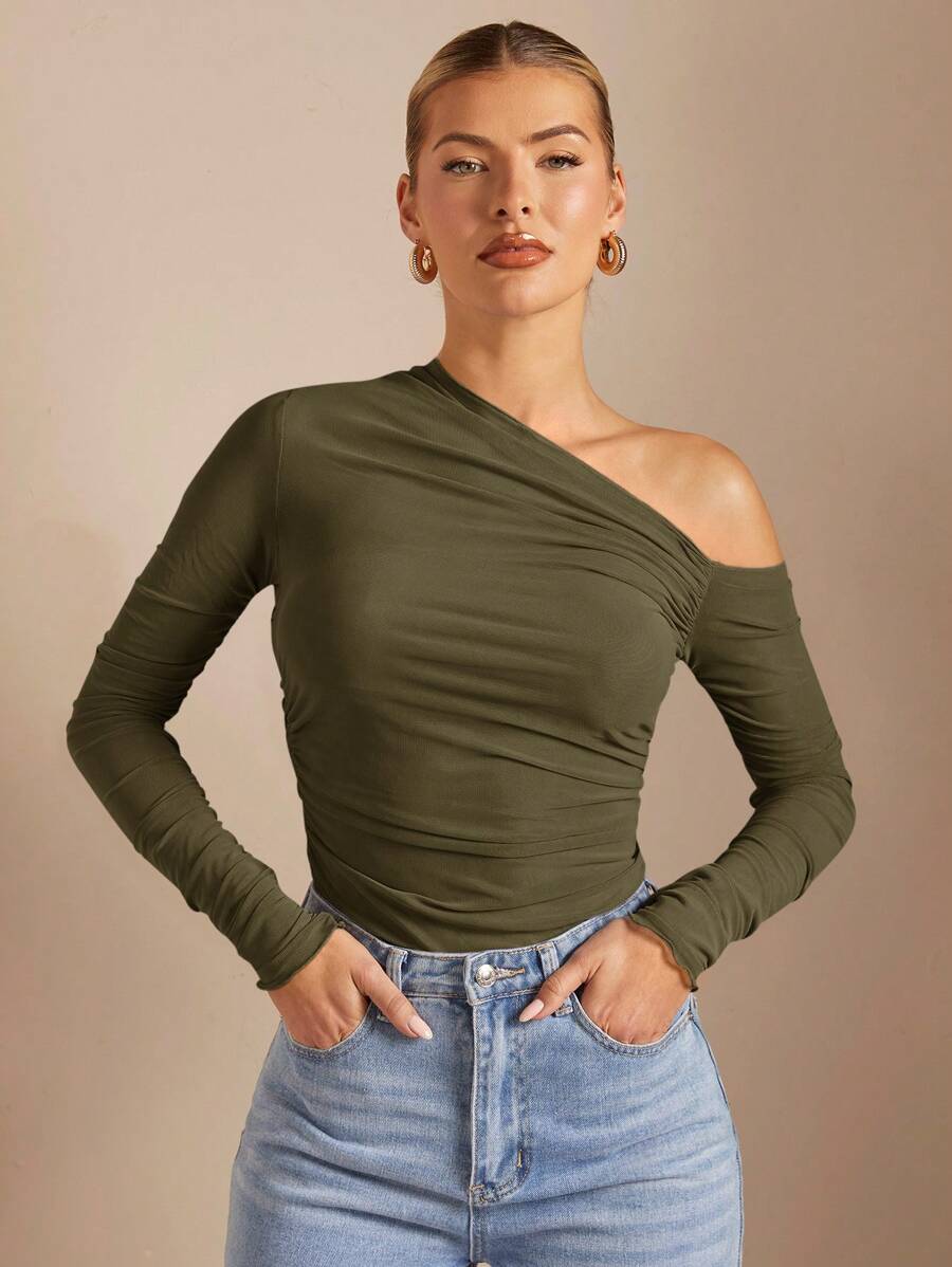 Blusa slim feminina verde militar tecido elástico elegante