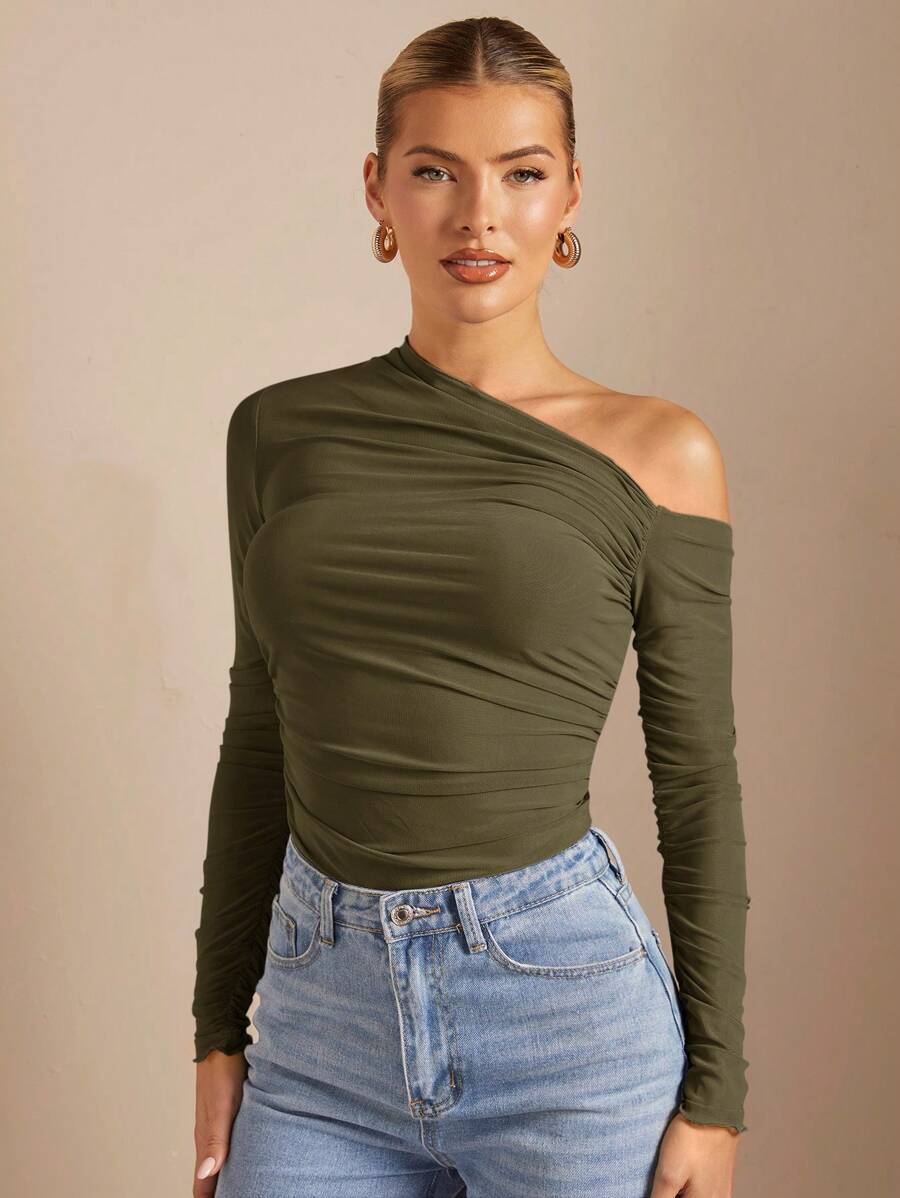 Blusa slim feminina verde militar tecido elástico elegante
