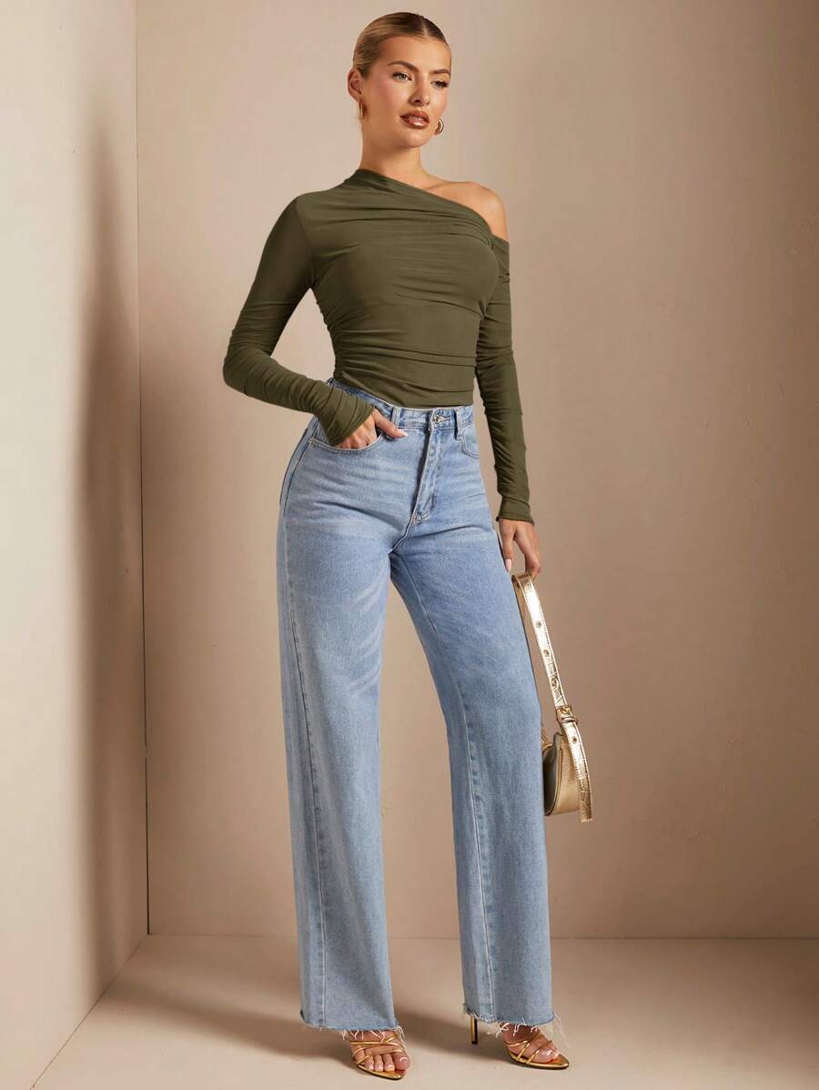 Blusa slim feminina verde militar tecido elástico elegante