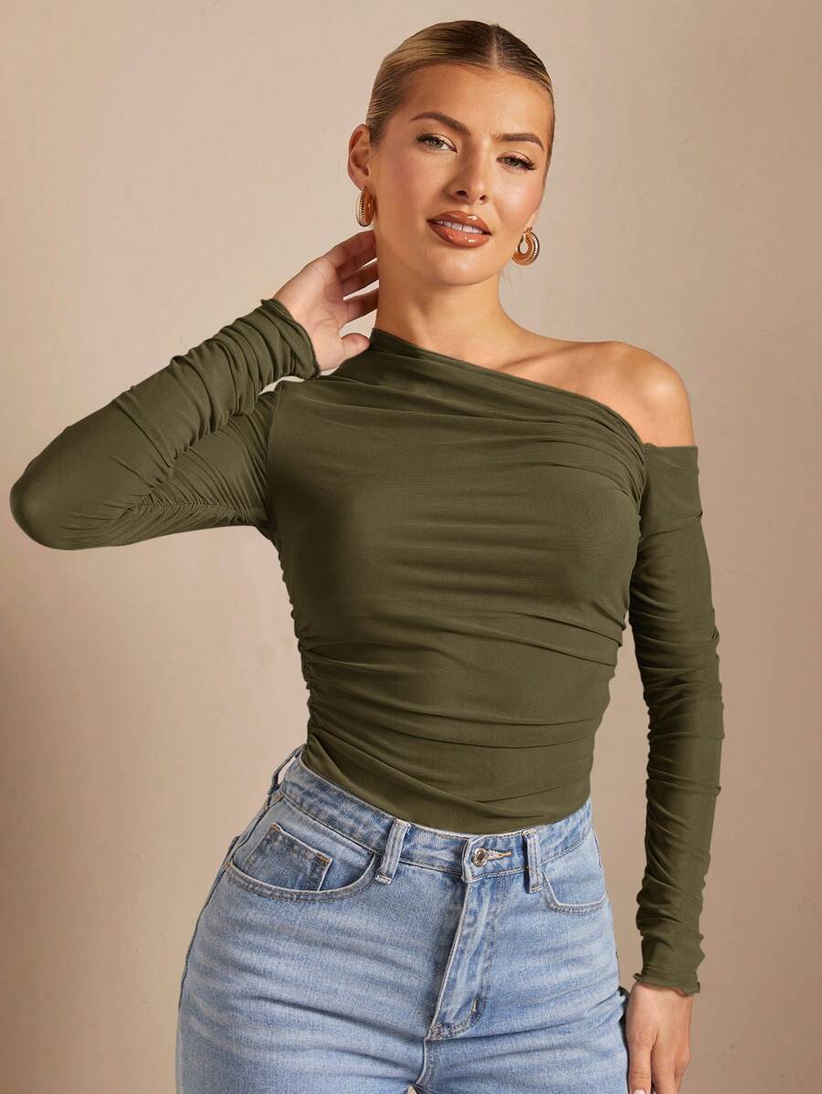 Blusa slim feminina verde militar tecido elástico elegante