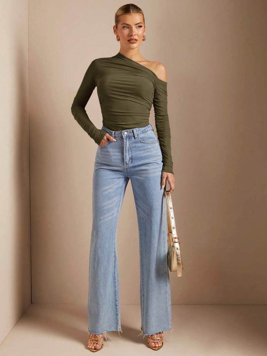 Blusa slim feminina verde militar tecido elástico elegante