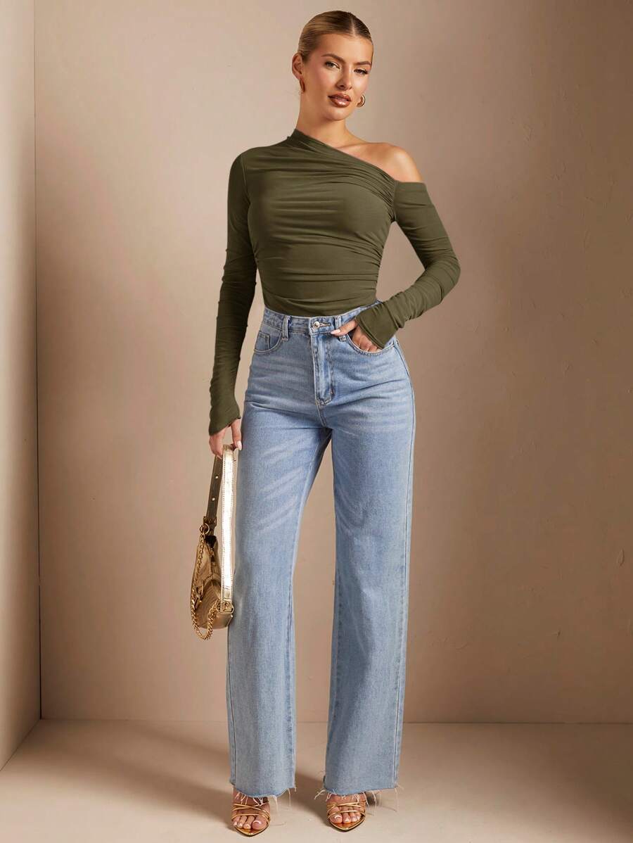 Blusa slim feminina verde militar tecido elástico elegante