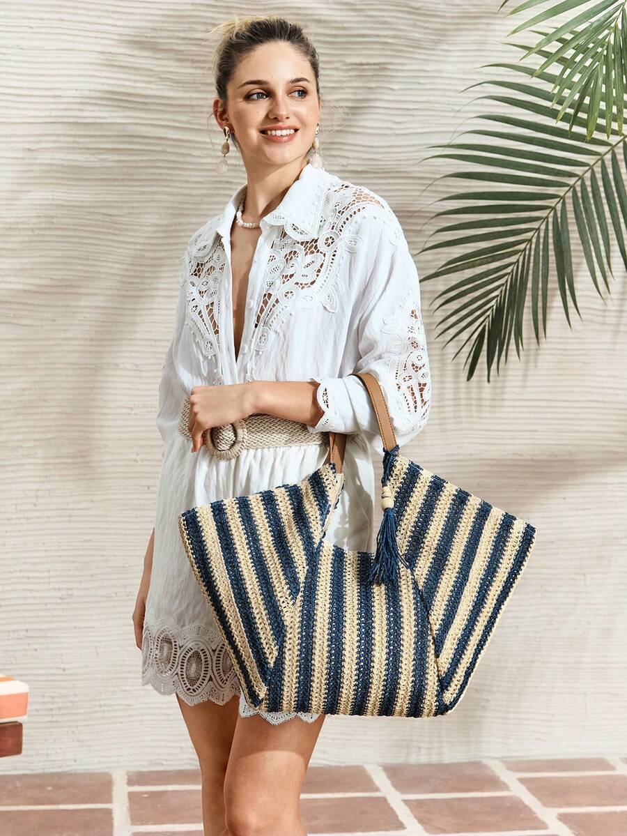 Bolsa feminina grande azul em trama natural – Boutique do Encanto