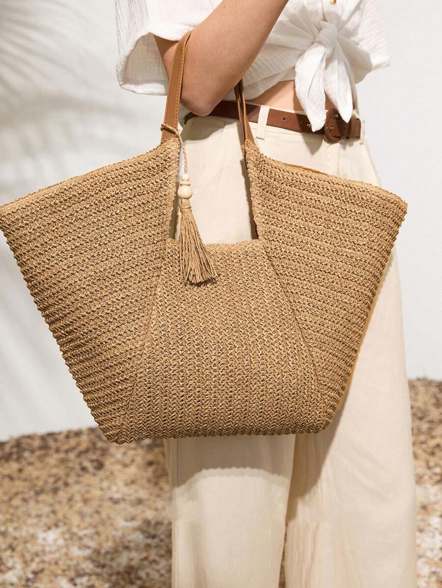 Bolsa feminina grande bege em trama natural – Boutique do Encanto 