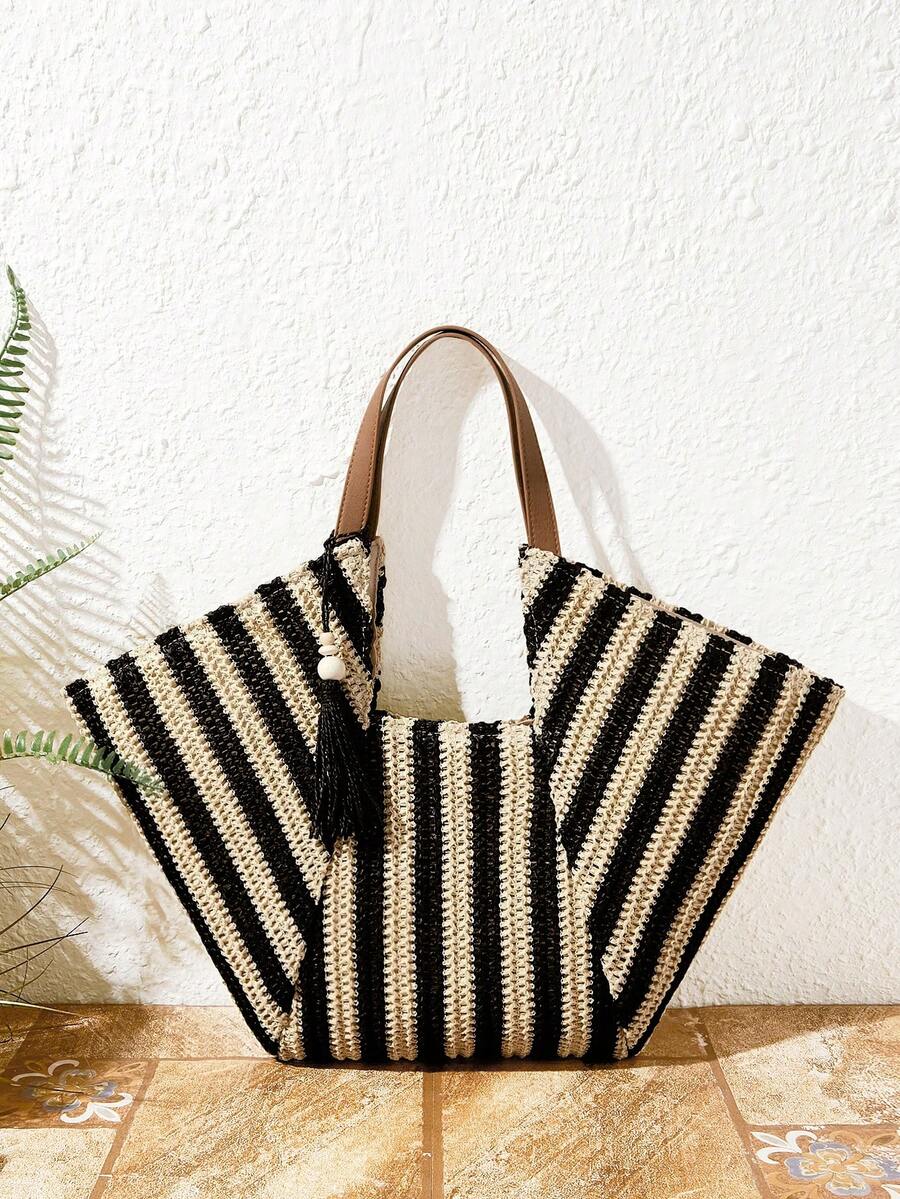 Bolsa grande de verão em trama natural para praia e passeio