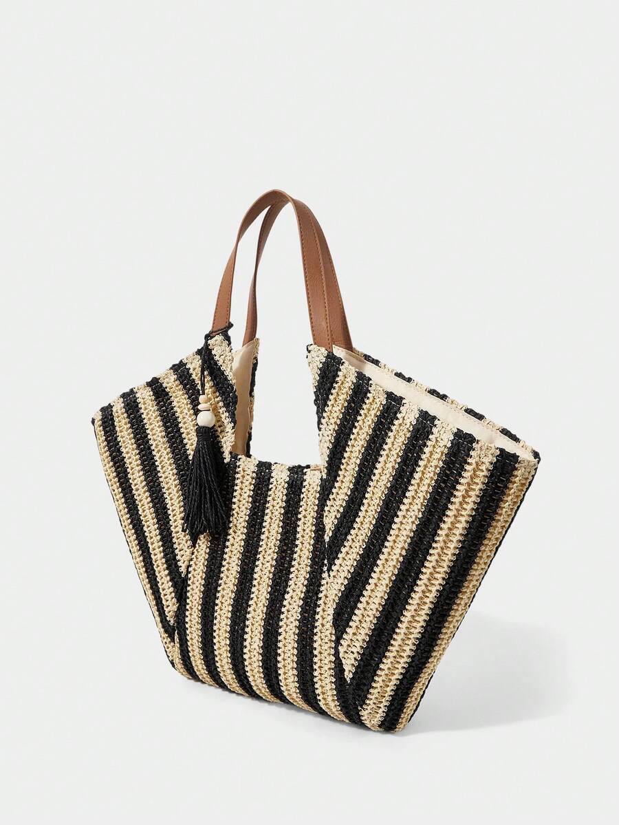 Bolsa grande de verão em trama natural para praia e passeio