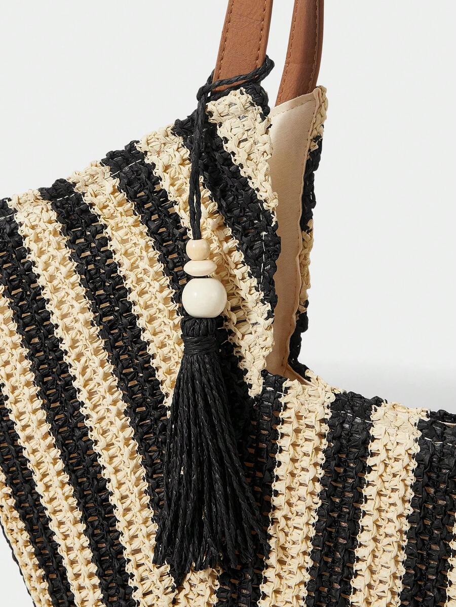 Bolsa grande de verão em trama natural para praia e passeio 