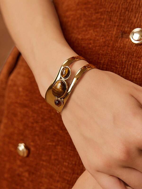 Bracelete Feminino Olho de Tigre em Aço Inox Banhado a Ouro 18K - Semi Joia Premium Fashion - Boutique do Encanto 