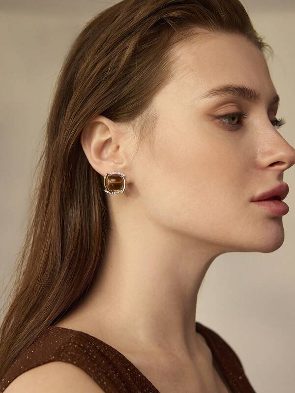 Brinco Feminino com Pedra Olho de Tigre Banhado a Ouro 18 K - Semi Joia Fashion Premium - Boutique do Encanto Brincos 