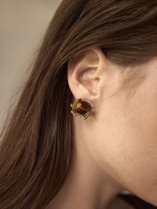 Brinco Feminino com Pedra Olho de Tigre Banhado a Ouro 18 K - Semi Joia Fashion Premium - Boutique do Encanto Brincos 