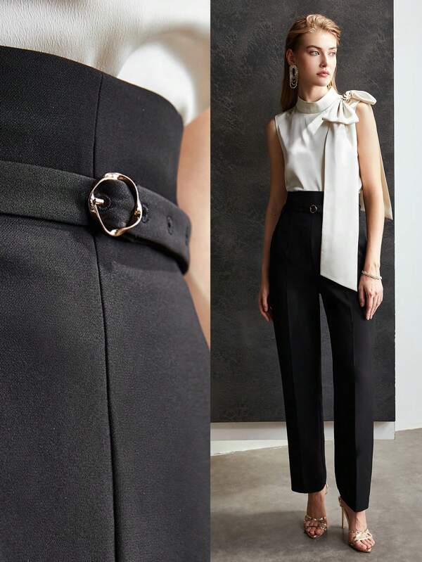 Calça Feminina de Alfaiataria Preta Perna Reta Cintura Natural - Social Escritório Elegante - Boutique do Encanto Calças