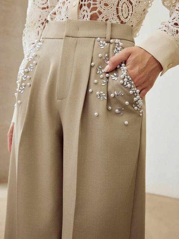 Calça Social Feminina  Alfaiataria Premium  Perna Reta com  Pérolas Decorativas - Boutique do Encanto Calças