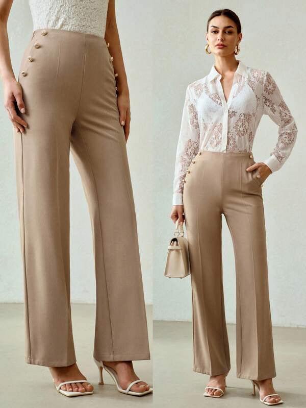 Calça Social Feminina Flaré com Botões Metálicos - Alfaiataria Premium Aplicações - Boutique do Encanto Calças