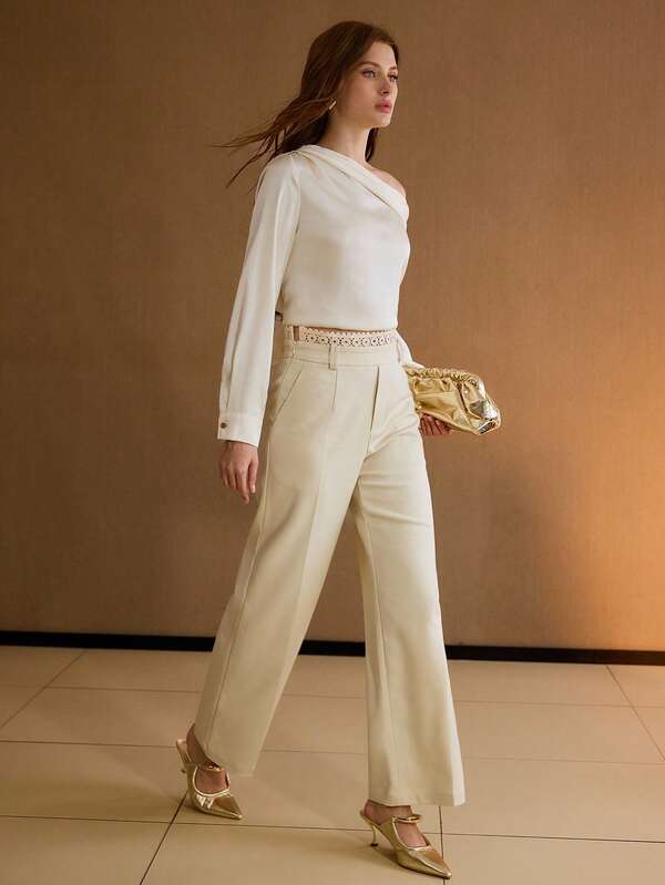 Calça Social Feminina Perna Larga com Renda Contrastante - Alfaiataria Premium - Boutique do Encanto Calças 