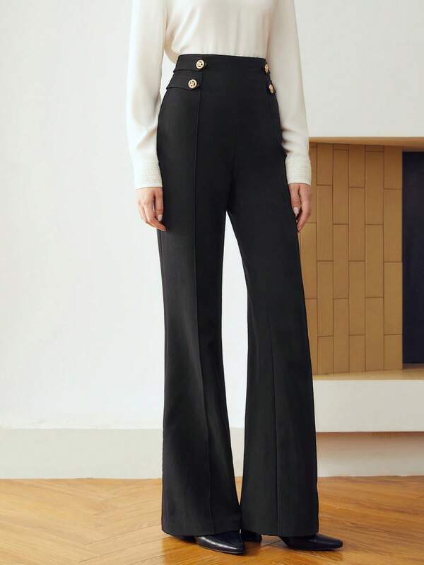 Calça de Alfaiataria Feminina Flared Cor Preto - Cintura Natural com detalhe de Botão - Outono Elegante - Boutique do Encanto Calças 