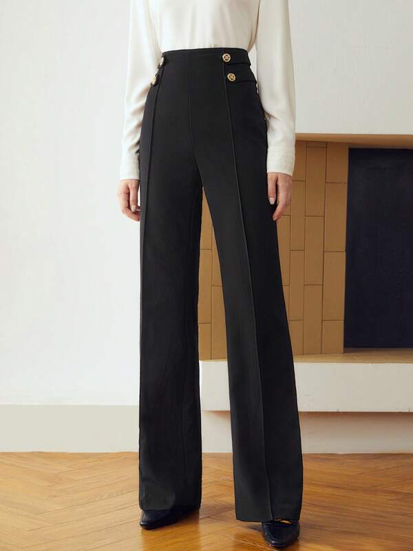 Calça de Alfaiataria Feminina Flared Cor Preto - Cintura Natural com detalhe de Botão - Outono Elegante - Boutique do Encanto Calças 