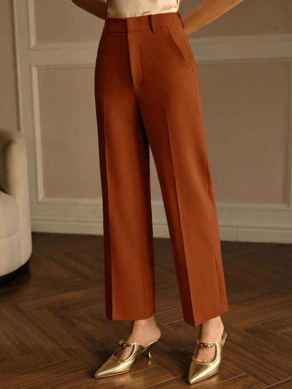 Calça de Alfaiataria Feminina Perna Reta com Vinco - Cores Castanho e Azul Marinho - Cintura Natural | Outono - Inverno Elegante | Boutique do Encanto Calças