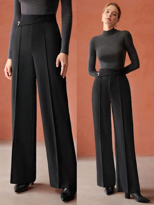 Calça de Alfaiataria Feminina Perna Reta com Vinco Cor Preto Detalhe Botão na Cintura - Cintura Natural - Outono Elegante - Boutique do Encanto Calças 