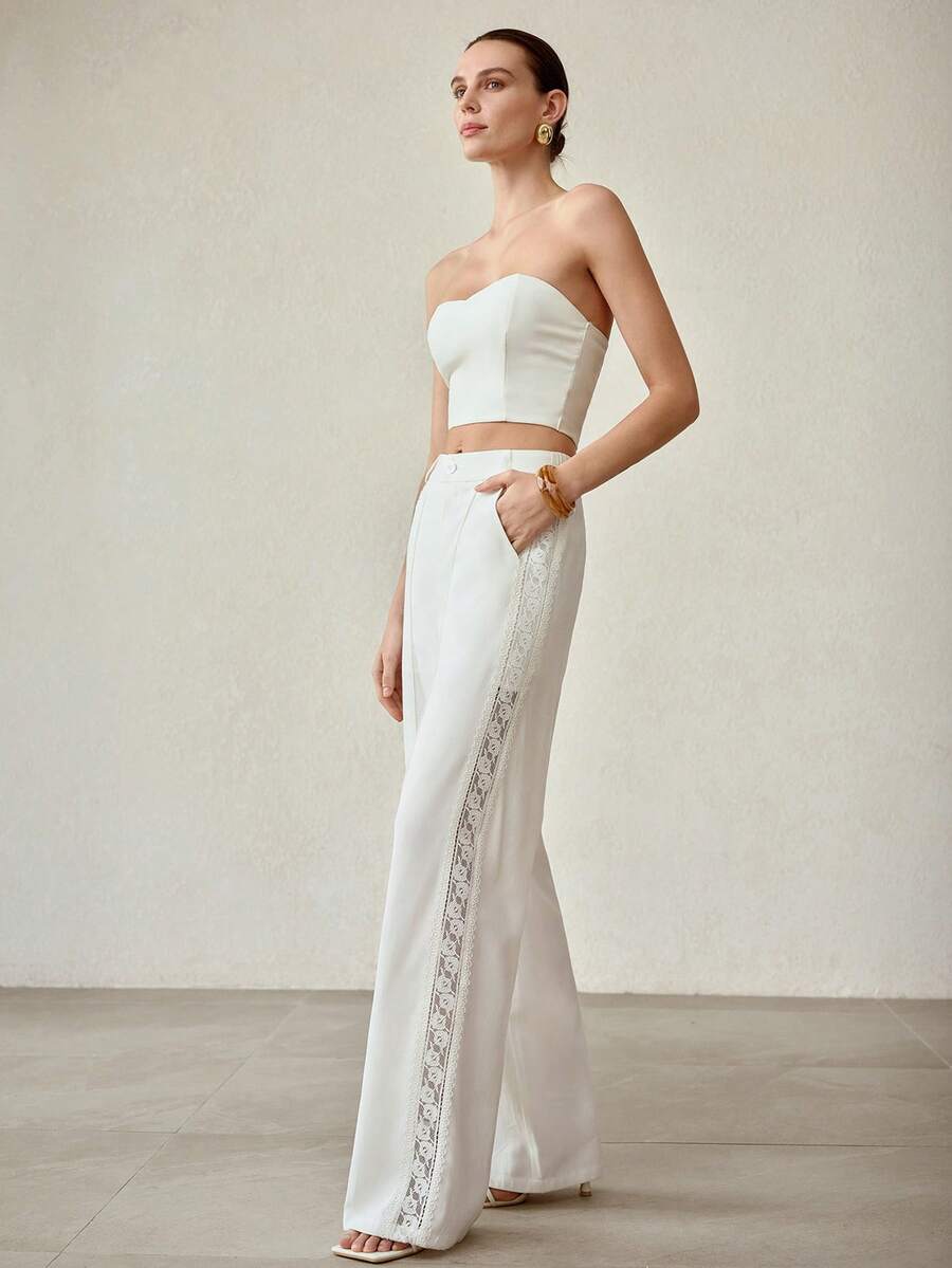 Calça feminina Off White com renda lateral vazada - Boutique do Encanto