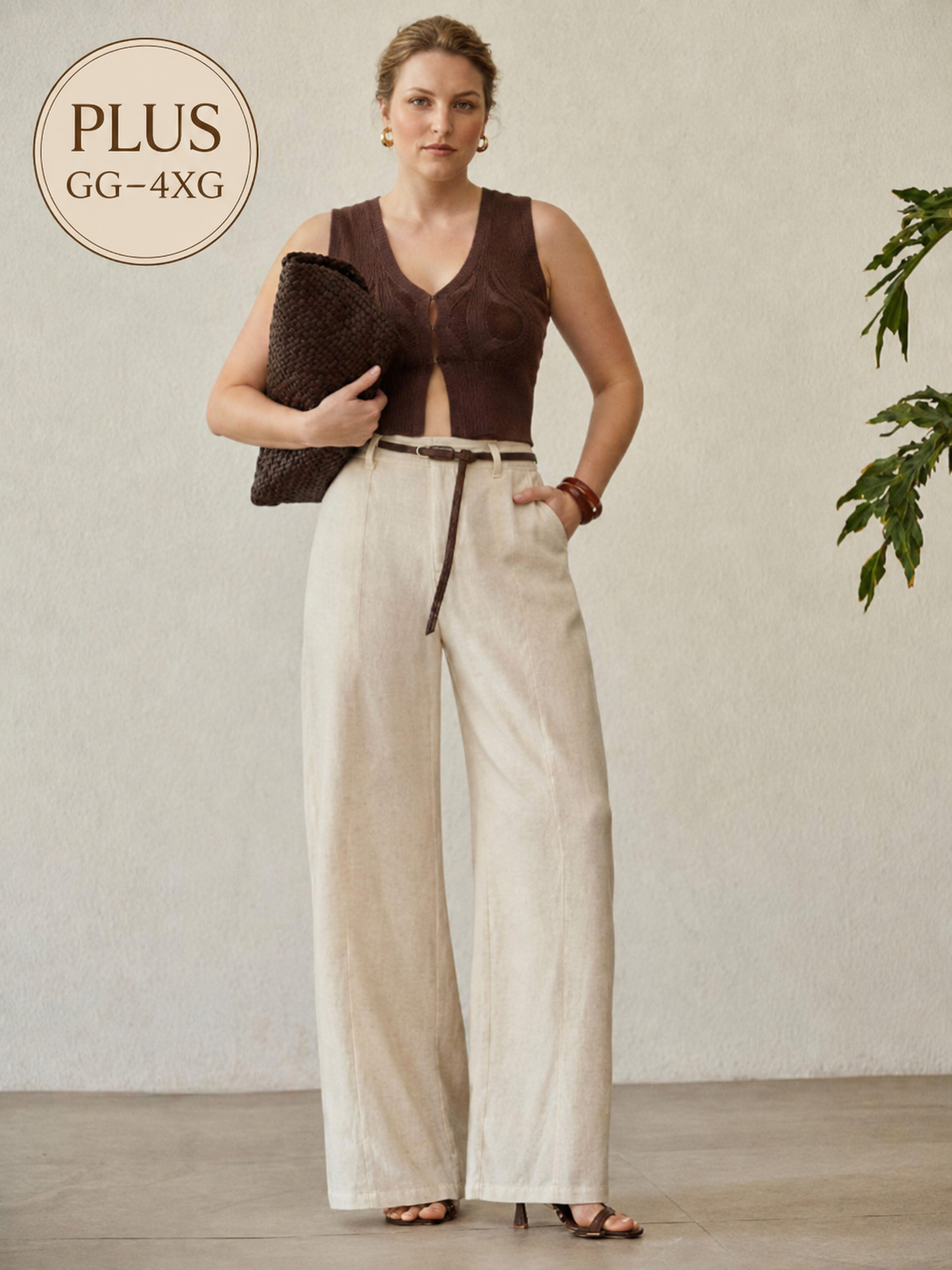 Calça feminina Plus Size Linho Natural com perna reta ampla - Boutique do Encanto 